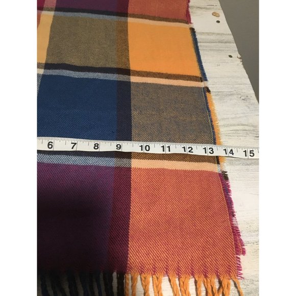 100% cashmere multi colored plaid scarf with fringe  13”x66” - Picture 2 of 3